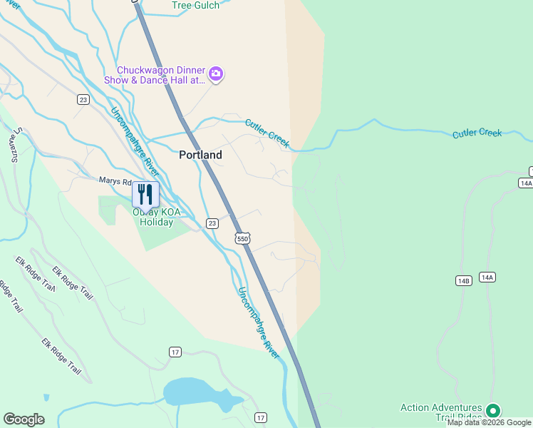 map of restaurants, bars, coffee shops, grocery stores, and more near 17376 U.S. 550 in Ridgway