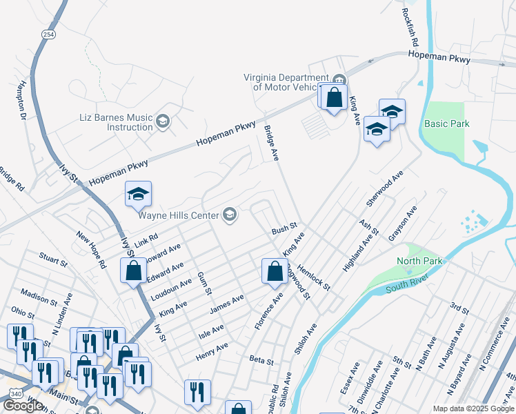 map of restaurants, bars, coffee shops, grocery stores, and more near 952 Dogwood Circle in Waynesboro