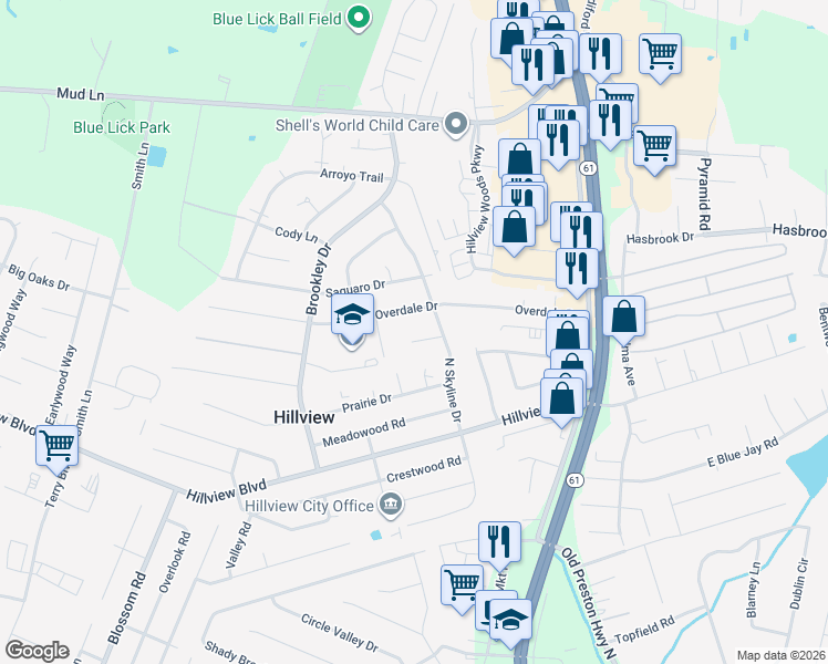 map of restaurants, bars, coffee shops, grocery stores, and more near 447 Overdale Drive in Louisville