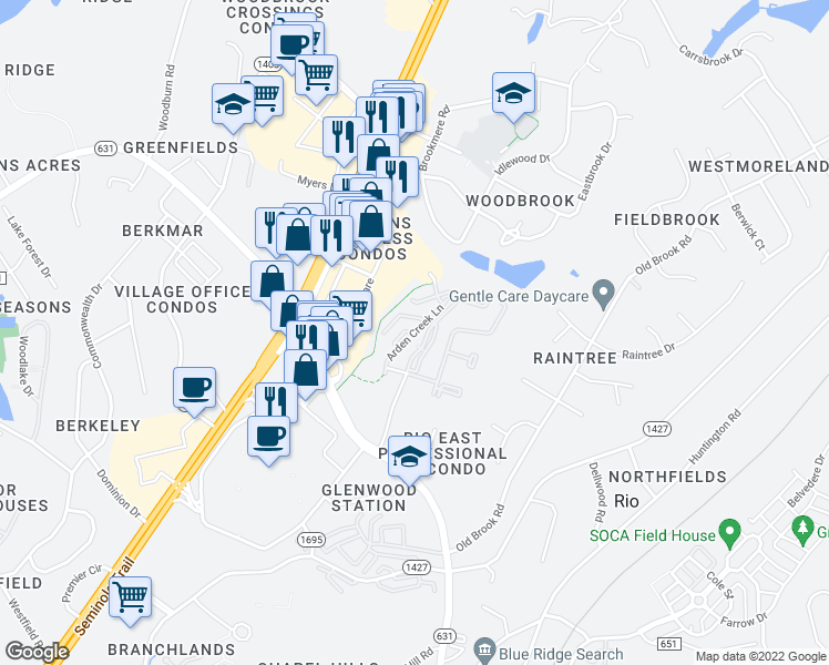 map of restaurants, bars, coffee shops, grocery stores, and more near 1812 Arden Creek Lane in Charlottesville