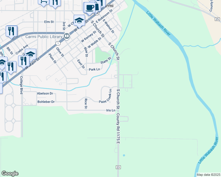 map of restaurants, bars, coffee shops, grocery stores, and more near 1 Tar Spring Drive in Carmi