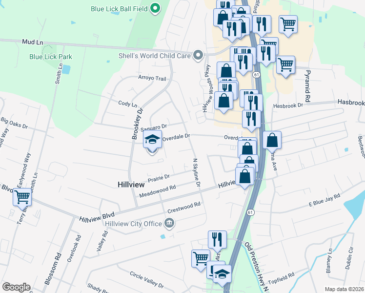 map of restaurants, bars, coffee shops, grocery stores, and more near 447 Overdale Drive in Louisville