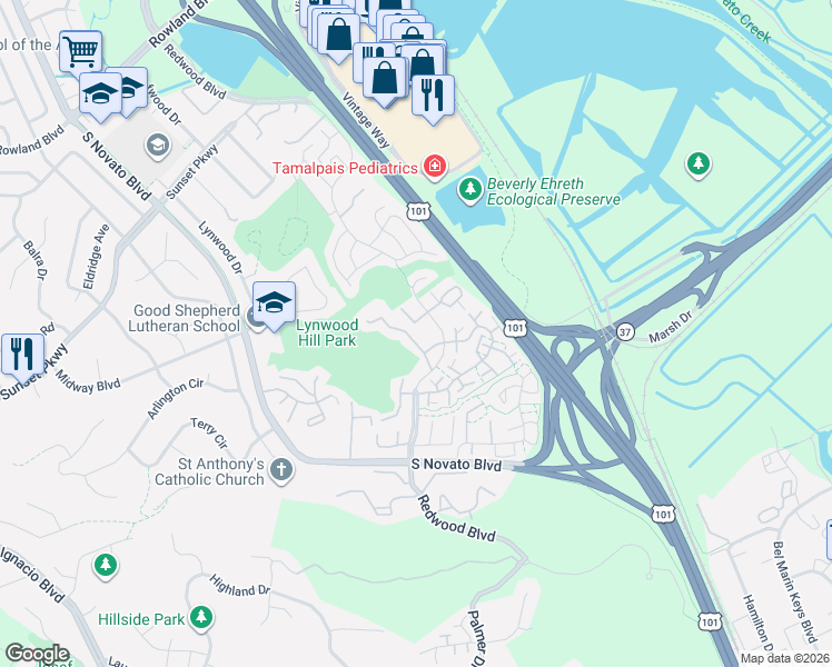 map of restaurants, bars, coffee shops, grocery stores, and more near 100 Albion Court in Novato