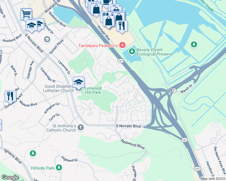 map of restaurants, bars, coffee shops, grocery stores, and more near 98 Sequoia Glen Lane in Novato