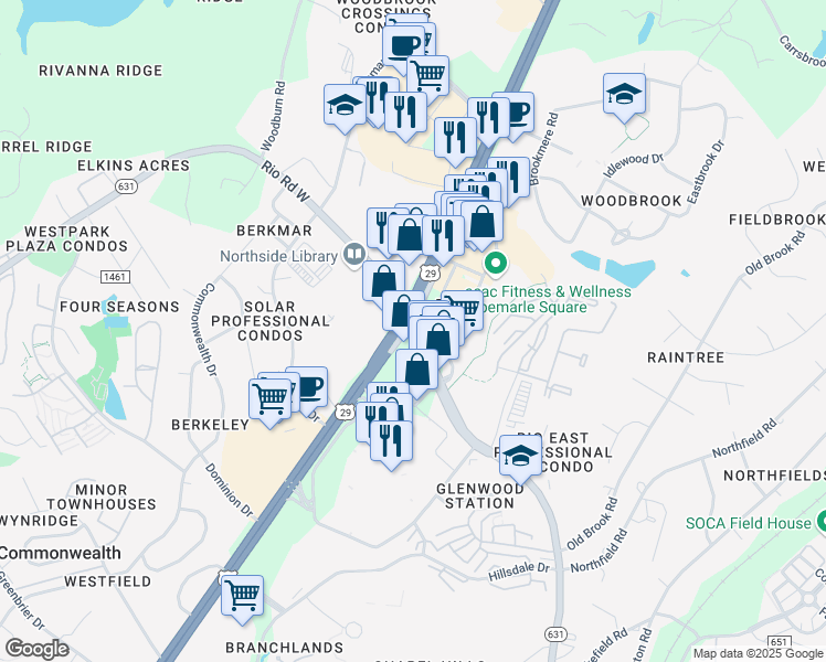 map of restaurants, bars, coffee shops, grocery stores, and more near 779-799 Rio Road West in Charlottesville