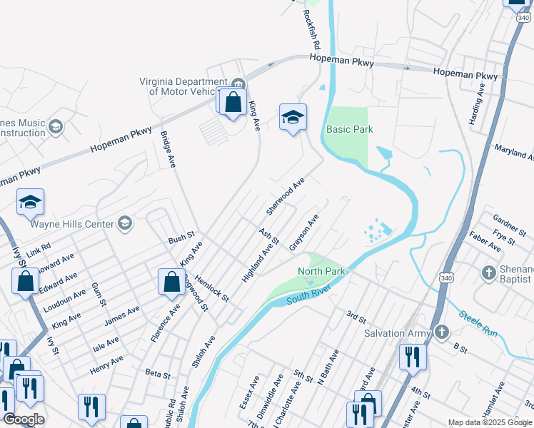 map of restaurants, bars, coffee shops, grocery stores, and more near 877 Sherwood Avenue in Waynesboro