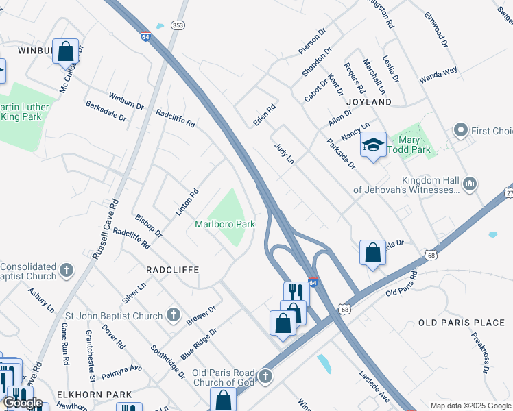map of restaurants, bars, coffee shops, grocery stores, and more near 348 Radcliffe Road in Lexington