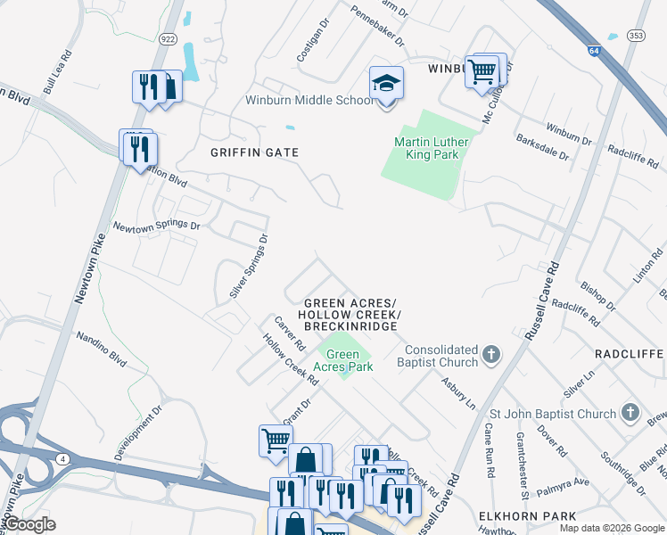 map of restaurants, bars, coffee shops, grocery stores, and more near 541 Asbury Lane in Lexington