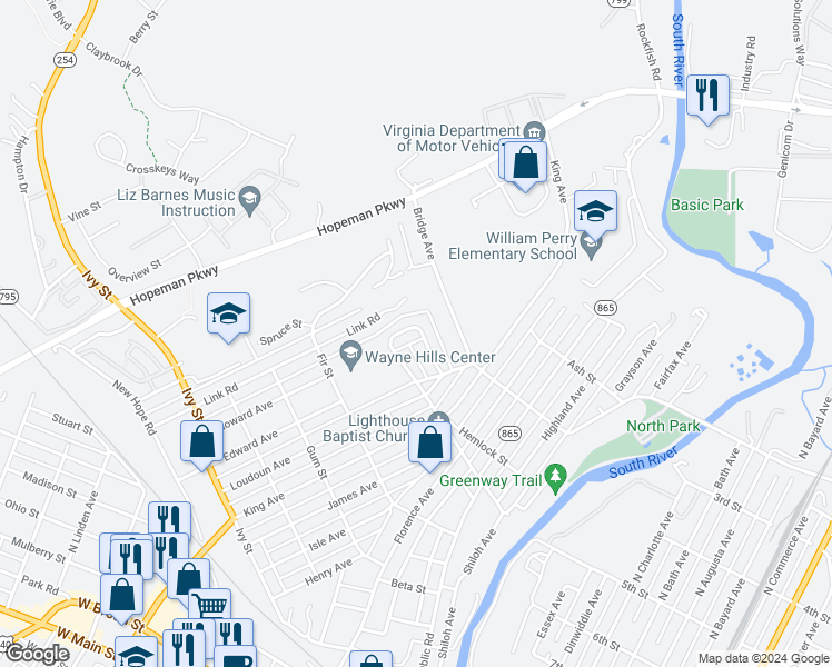 map of restaurants, bars, coffee shops, grocery stores, and more near 944 Dogwood Circle in Waynesboro