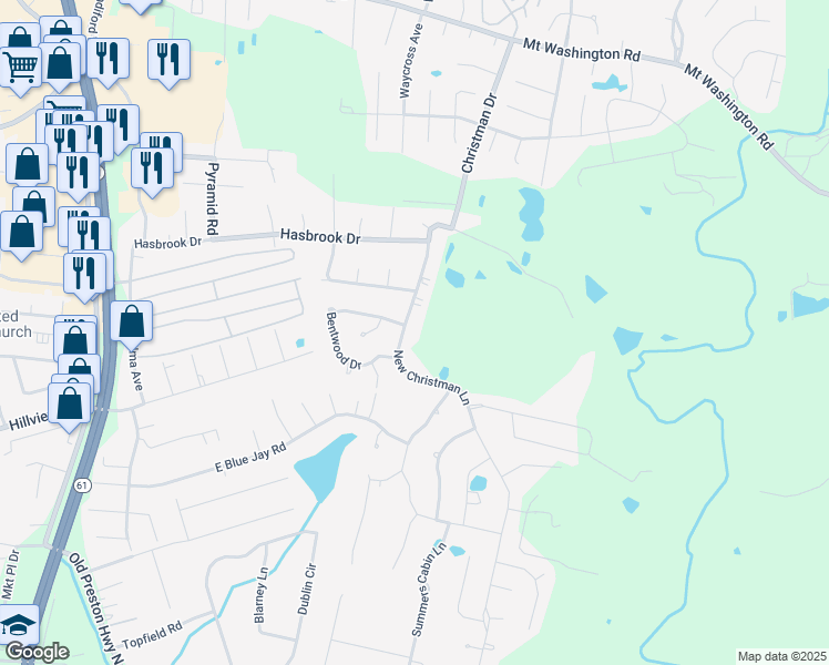 map of restaurants, bars, coffee shops, grocery stores, and more near 435 Bentwood Drive in Shepherdsville