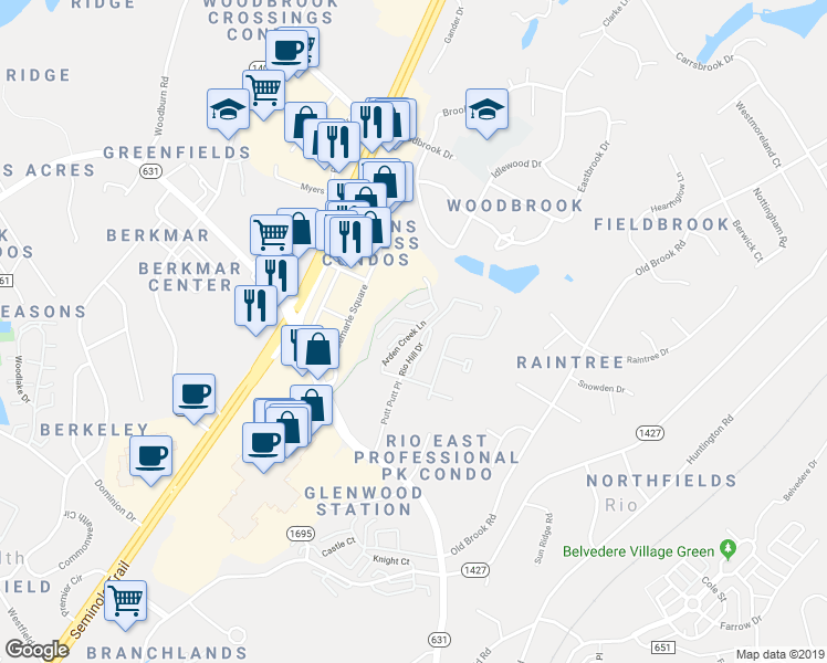 map of restaurants, bars, coffee shops, grocery stores, and more near Arden Creek Lane in Charlottesville