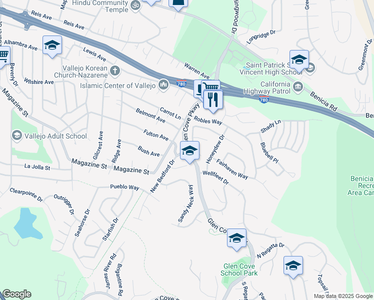 map of restaurants, bars, coffee shops, grocery stores, and more near Glen Cove Pkwy & New Bedford Dr in Vallejo