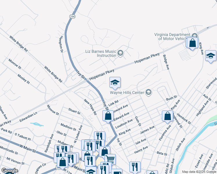 map of restaurants, bars, coffee shops, grocery stores, and more near 1625 Ivy Street in Waynesboro