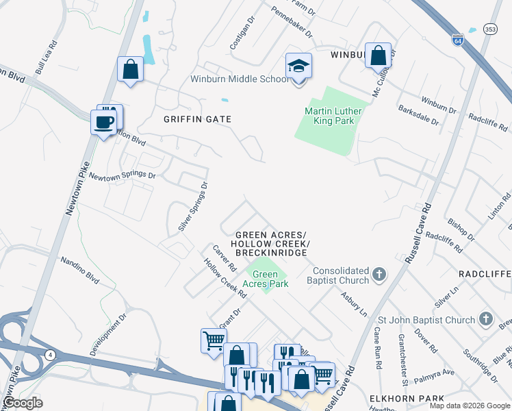map of restaurants, bars, coffee shops, grocery stores, and more near 541 Asbury Lane in Lexington