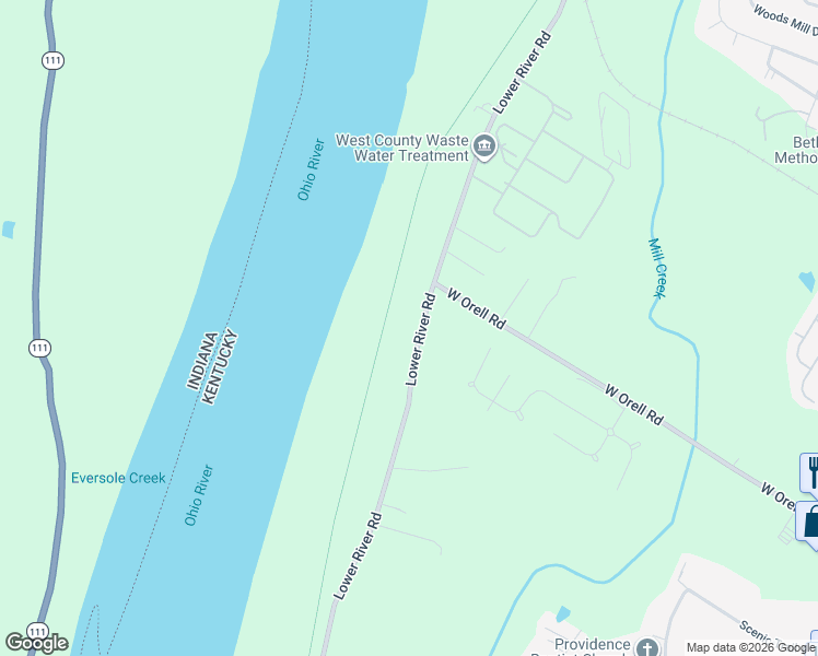 map of restaurants, bars, coffee shops, grocery stores, and more near 11910 Lower River Road in Louisville