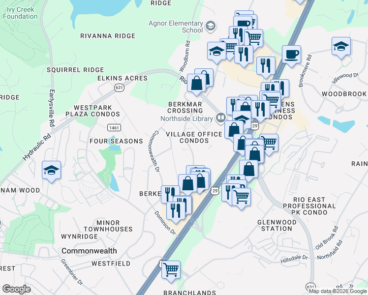 map of restaurants, bars, coffee shops, grocery stores, and more near 3040 Berkmar Drive in Charlottesville
