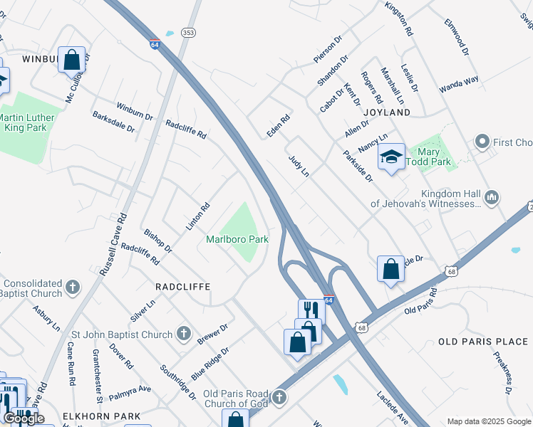 map of restaurants, bars, coffee shops, grocery stores, and more near 348 Radcliffe Road in Lexington