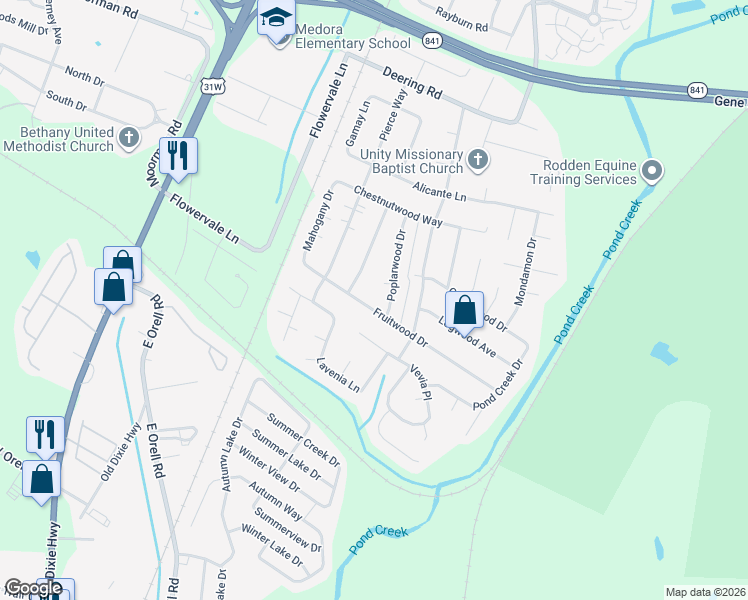 map of restaurants, bars, coffee shops, grocery stores, and more near 5602 Poplarwood Circle in Louisville