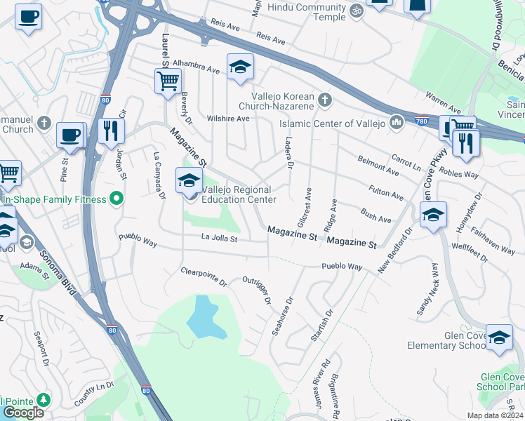map of restaurants, bars, coffee shops, grocery stores, and more near 1570 Magazine Street in Vallejo