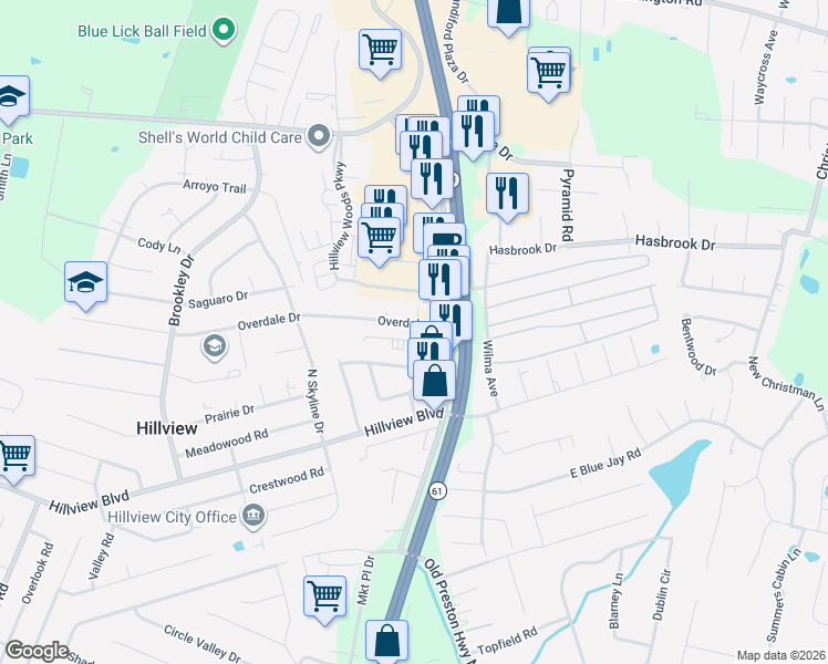 map of restaurants, bars, coffee shops, grocery stores, and more near 186 Overdale Drive in Louisville