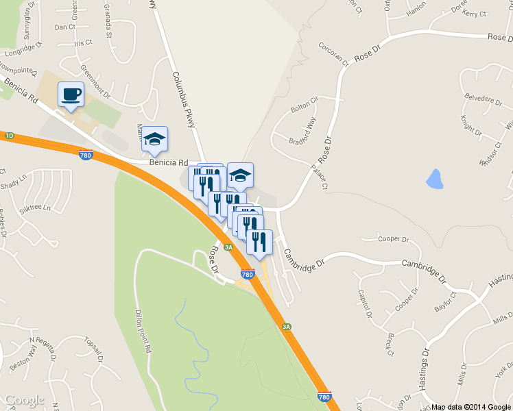 map of restaurants, bars, coffee shops, grocery stores, and more near 1009 Rose Drive in Benicia