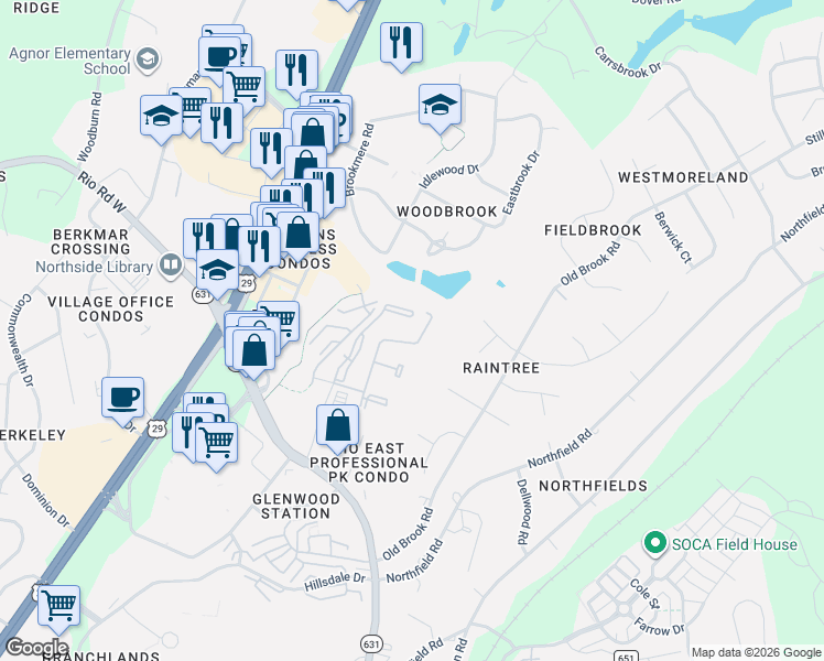 map of restaurants, bars, coffee shops, grocery stores, and more near 829 Mallside Forest Court in Charlottesville