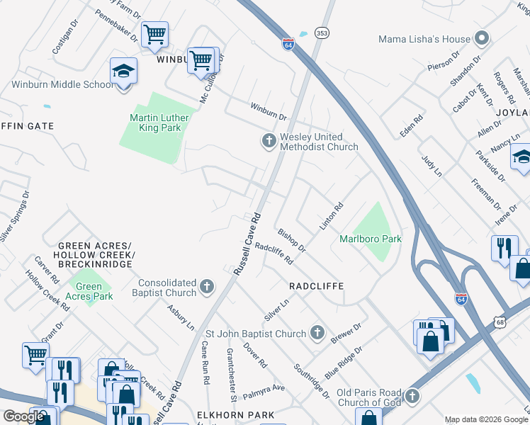 map of restaurants, bars, coffee shops, grocery stores, and more near 1773 Russell Cave Road in Lexington