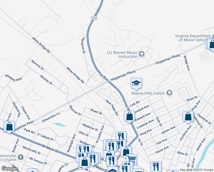 map of restaurants, bars, coffee shops, grocery stores, and more near 600 Hopeman Parkway in Waynesboro