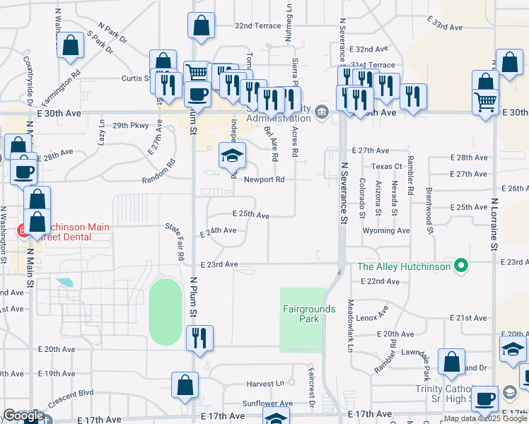 map of restaurants, bars, coffee shops, grocery stores, and more near 604 East 25th Avenue in Hutchinson