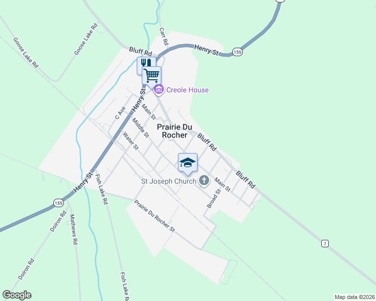 map of restaurants, bars, coffee shops, grocery stores, and more near 602 Main Street in Prairie du Rocher