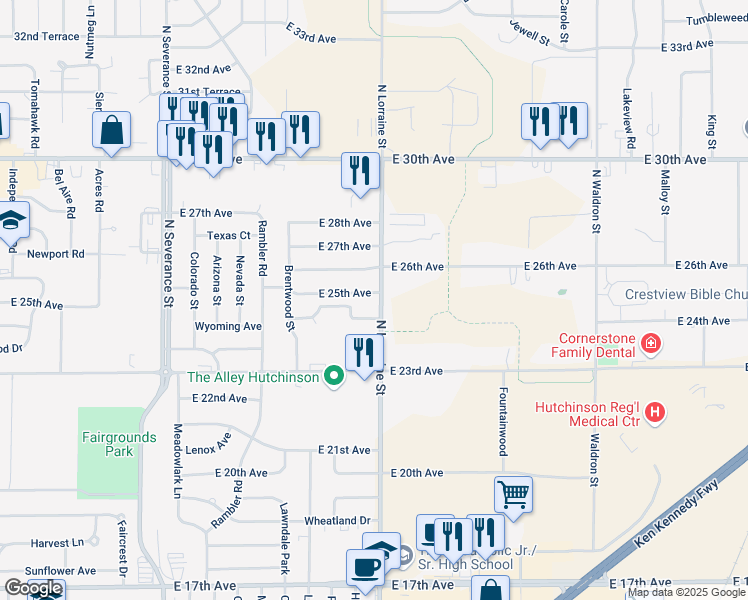 map of restaurants, bars, coffee shops, grocery stores, and more near 2518-2568 North Lorraine Street in Hutchinson