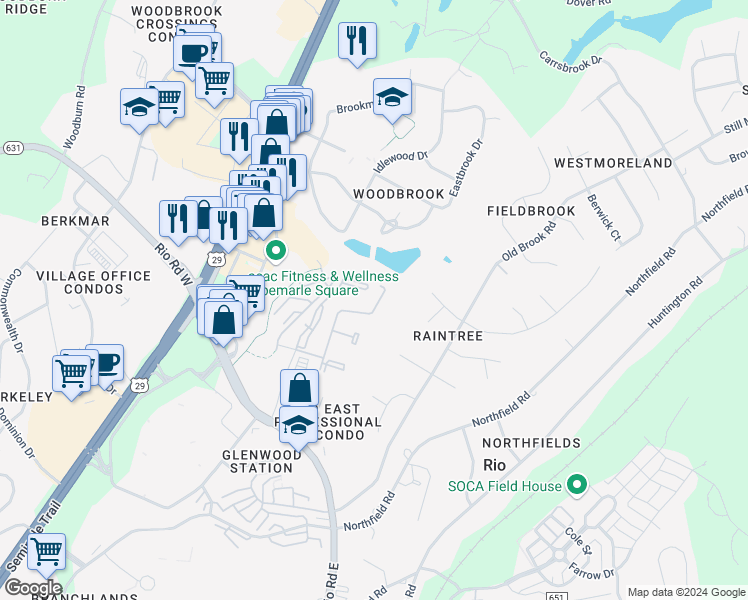 map of restaurants, bars, coffee shops, grocery stores, and more near 1649 Rio Hill Drive in Charlottesville