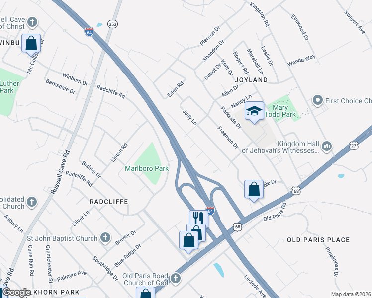 map of restaurants, bars, coffee shops, grocery stores, and more near 2102 Carla Court in Lexington