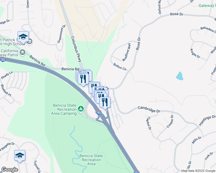 map of restaurants, bars, coffee shops, grocery stores, and more near 1009 Rose Drive in Benicia