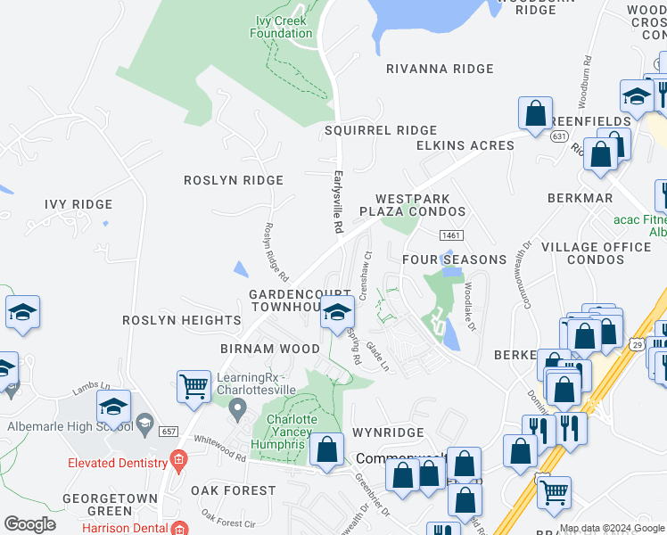 map of restaurants, bars, coffee shops, grocery stores, and more near 1654 Townwood Court in Charlottesville