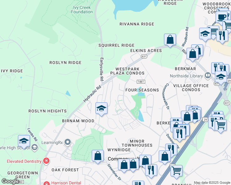 map of restaurants, bars, coffee shops, grocery stores, and more near 4151 Cypress Pointe Drive in Charlottesville