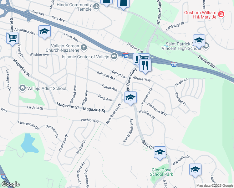 map of restaurants, bars, coffee shops, grocery stores, and more near 1267 Fulton Avenue in Vallejo