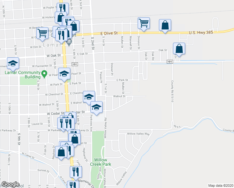 map of restaurants, bars, coffee shops, grocery stores, and more near 708 Mullen Street in Lamar