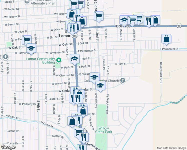 map of restaurants, bars, coffee shops, grocery stores, and more near 300 East Chestnut Street in Lamar