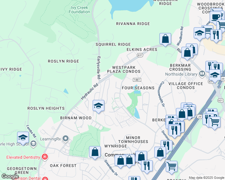 map of restaurants, bars, coffee shops, grocery stores, and more near 4163 Cypress Pointe Drive in Charlottesville
