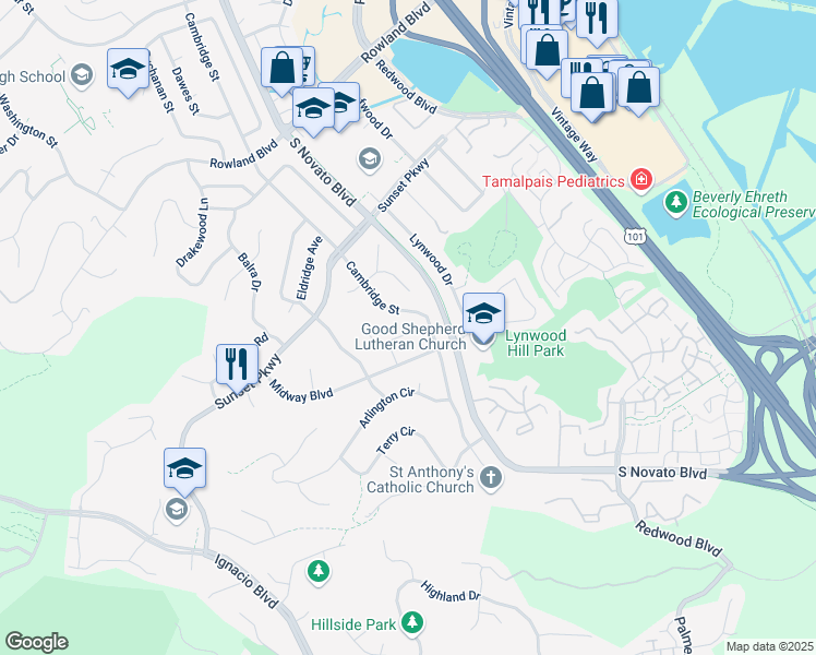 map of restaurants, bars, coffee shops, grocery stores, and more near 1227 Ridgeview Ct in Novato
