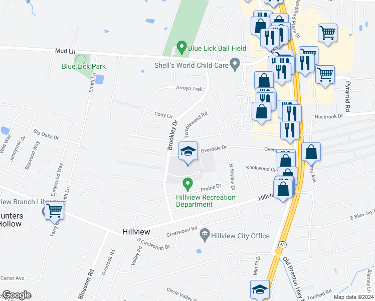 map of restaurants, bars, coffee shops, grocery stores, and more near 594 Overdale Drive in Louisville
