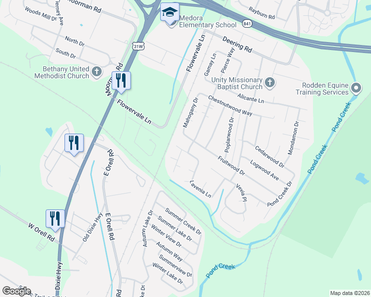 map of restaurants, bars, coffee shops, grocery stores, and more near 11904 Pierce Way in Louisville