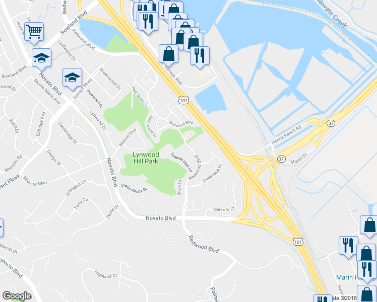 map of restaurants, bars, coffee shops, grocery stores, and more near 100 Albion Court in Novato