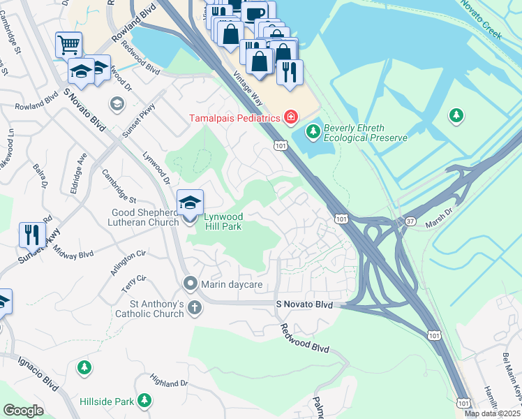 map of restaurants, bars, coffee shops, grocery stores, and more near 98 Sequoia Glen Lane in Novato