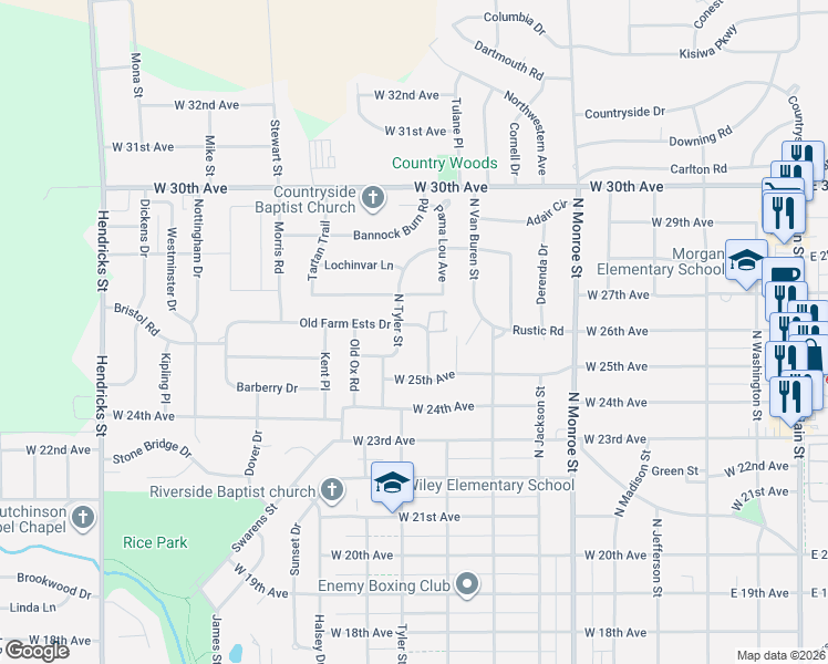 map of restaurants, bars, coffee shops, grocery stores, and more near 815A Old Farm Estates Road in Hutchinson