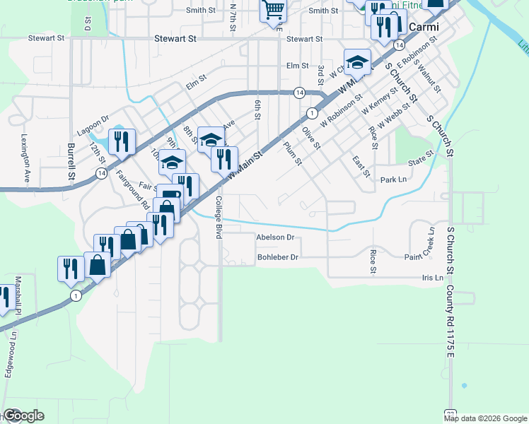 map of restaurants, bars, coffee shops, grocery stores, and more near 713 Renshaw Avenue in Carmi