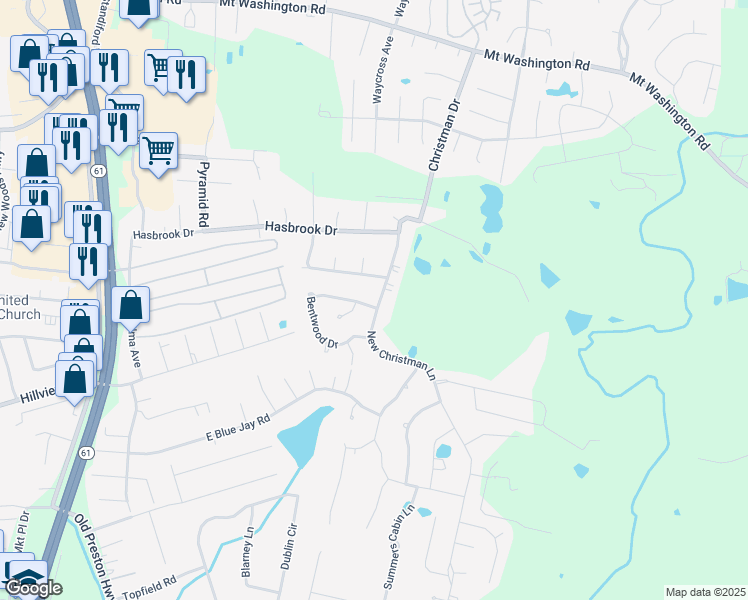 map of restaurants, bars, coffee shops, grocery stores, and more near 435 Bentwood Drive in Shepherdsville