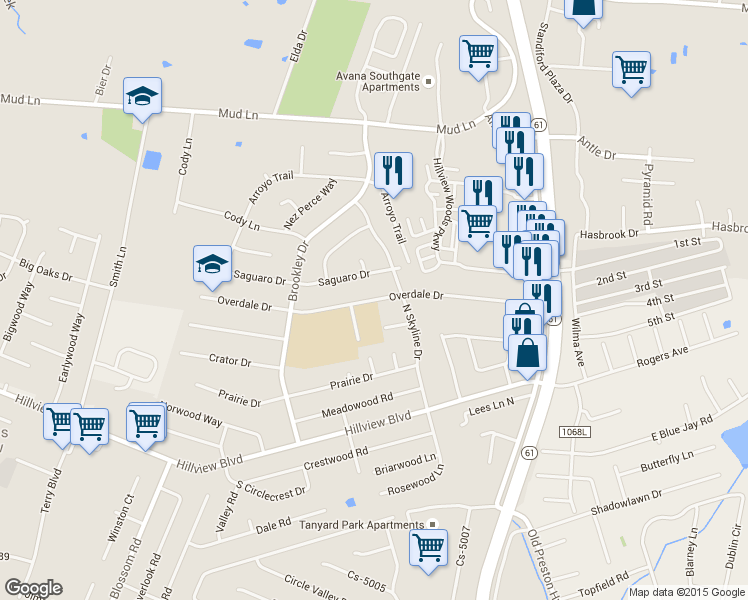 map of restaurants, bars, coffee shops, grocery stores, and more near 559 Overdale Drive in Louisville