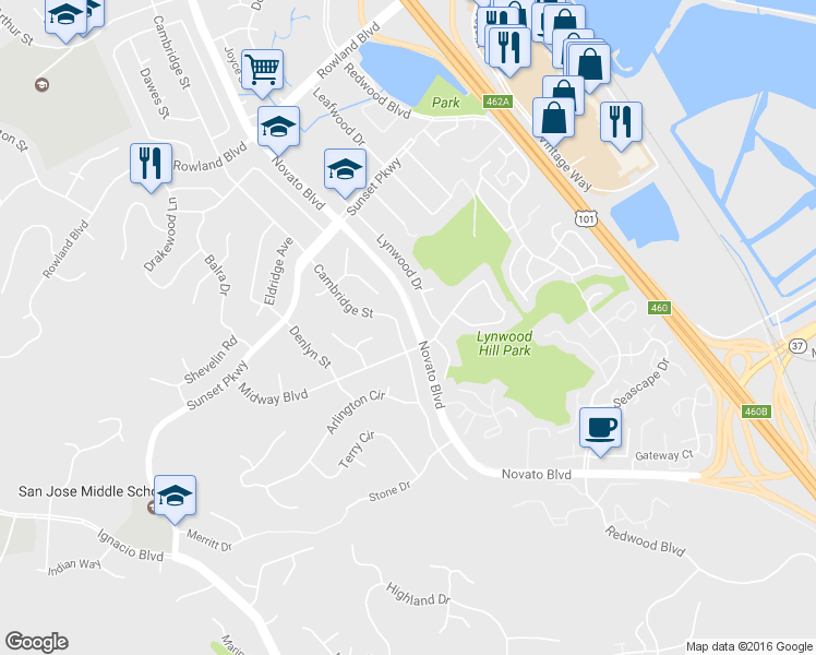 map of restaurants, bars, coffee shops, grocery stores, and more near 1214 Cambridge St in Novato